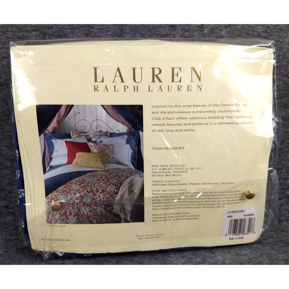 Ralph Lauren‎ Cote D'Azur Twin Bedskirt Indigo Blue Floral 100% Cotton USA NEW